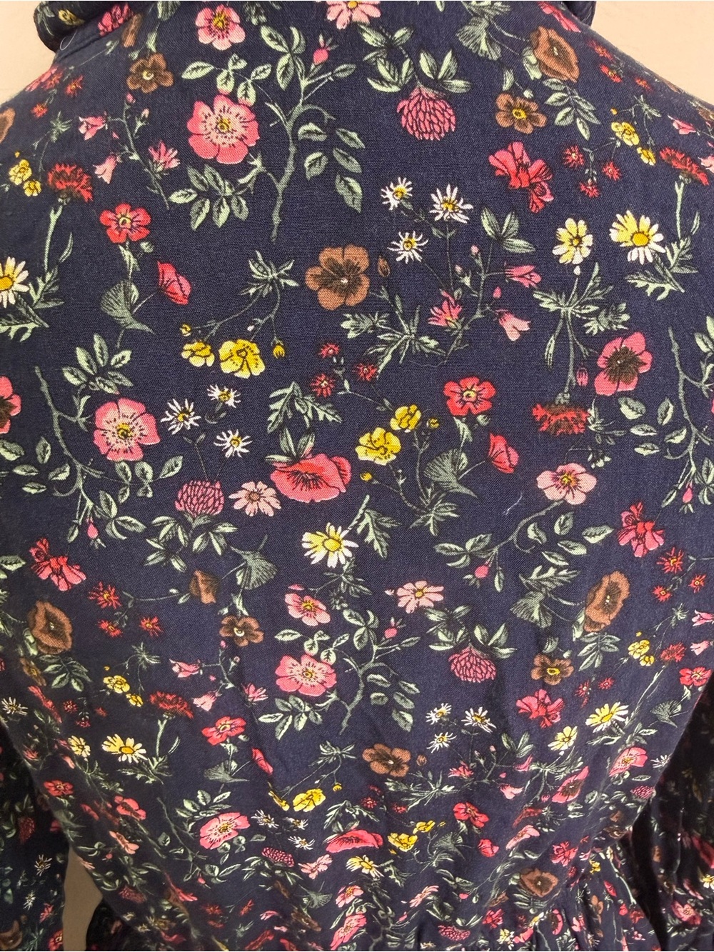 Yumi Navy Floral Lined Long Sleeve Dress Tie Neck Ruffle Pleated Mini Short L/10 - Picture 6 of 10
